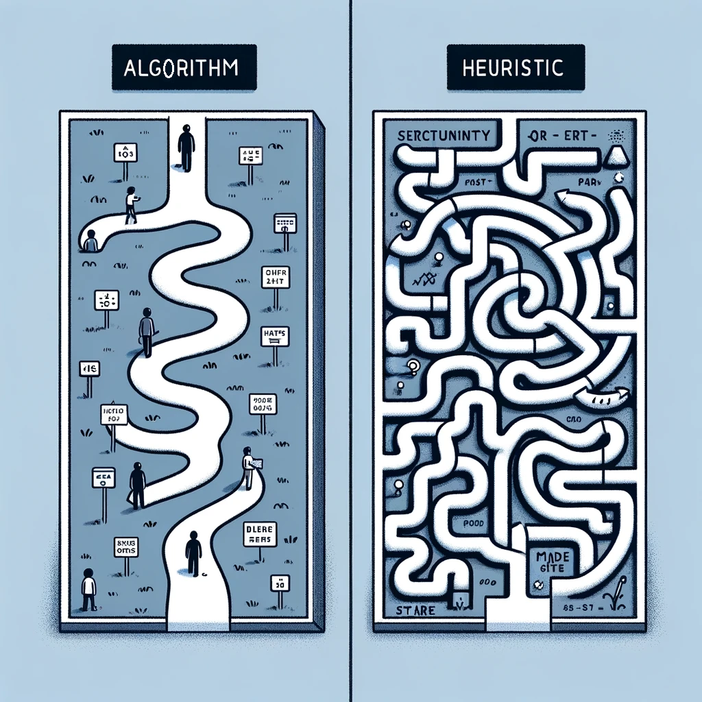 Das Bild stellt die Unterschiede zwischen einem Algorithmus und einer Heuristik anhand zweier Labyrinthe dar. Das linke Labyrinth zeigt einen klaren, geraden Weg mit Figuren, die Schritte in einem Algorithmus repräsentieren und methodisch auf ein Ziel hinarbeiten. Das rechte Labyrinth weist verwobene Pfade auf, die Heuristiken symbolisieren, die verschiedene Möglichkeiten erforschen, um eine zufriedenstellende Lösung zu finden, ohne eine einzige korrekte Antwort zu garantieren. --- **English:** The image illustrates the differences between an algorithm and a heuristic through two mazes. The left maze has a clear, straight path with figures representing steps in an algorithm, indicating methodical progress toward a goal. The right maze has twisted paths, symbolizing heuristics exploring various options to find a satisfactory solution, without a guaranteed single correct answer. **Español:** La imagen ilustra las diferencias entre un algoritmo y una heurística mediante dos laberintos. El laberinto de la izquierda tiene un camino claro y recto con figuras que representan los pasos de un algoritmo, indicando un progreso metódico hacia un objetivo. El laberinto de la derecha tiene caminos retorcidos, simbolizando heurísticas que exploran diversas opciones para encontrar una solución satisfactoria, sin una única respuesta correcta garantizada. **Français:** L'image illustre les différences entre un algorithme et une heuristique à travers deux labyrinthes. Le labyrinthe de gauche montre un chemin clair et direct avec des figures représentant les étapes d'un algorithme, indiquant une progression méthodique vers un but. Le labyrinthe de droite a des chemins tortueux, symbolisant des heuristiques explorant différentes options pour trouver une solution satisfaisante, sans garantir une seule réponse correcte.