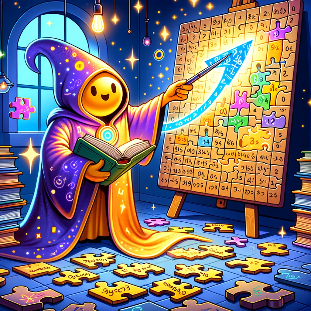Create an illustration that personifies an algorithm as a character giving a flawless step-by-step guide to solving a massive puzzle. The character, dressed as a friendly guide or wizard, is holding a glowing book of instructions and pointing to the partially completed jigsaw puzzle that spans the entire room, showing the next piece to be placed. The puzzle represents a complex problem, and the character's guidance ensures the perfect placement of each piece. Highlight the idea of optimization in the puzzle by showing some pieces with symbols of higher scores and lower costs being placed in the most strategic locations, indicating the algorithm's ability to find the best possible solution among many. The style should be magical and captivating, aiming to represent the concept of algorithms as infallible and highly efficient problem-solvers in a whimsical and engaging way.