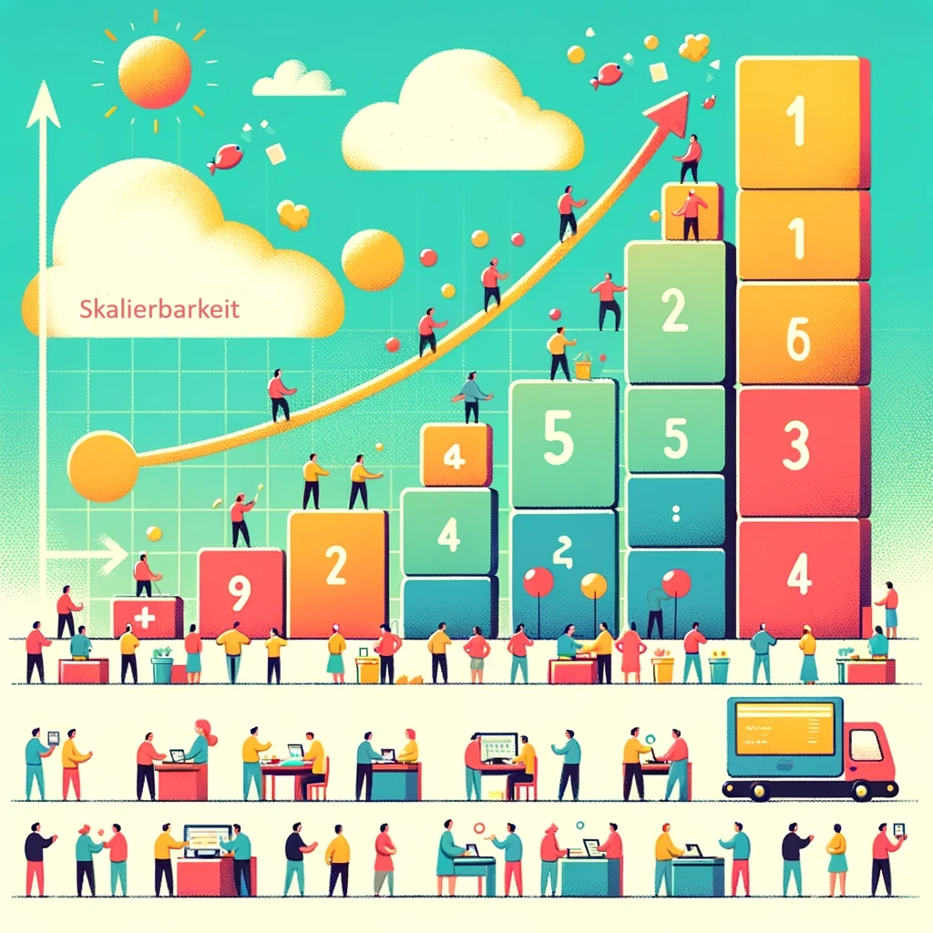 Illustration des Konzepts der Skalierbarkeit in einem hellen und freundlichen Stil. Die Szene zeigt einen einzelnen Arbeiter, der unten links im Bild eine kleine Aufgabe bewältigt. Während das Bild nach rechts fortschreitet, nimmt die Anzahl der Arbeiter zu, und die Aufgaben, die sie verwalten, wachsen in Größe und Komplexität. Dieser Übergang stellt visuell dar, wie Skalierbarkeit die Erweiterung der Arbeit von einer einzelnen Person zu vielen ermöglicht, die effizienter arbeiten und größere Aufgaben bewältigen.