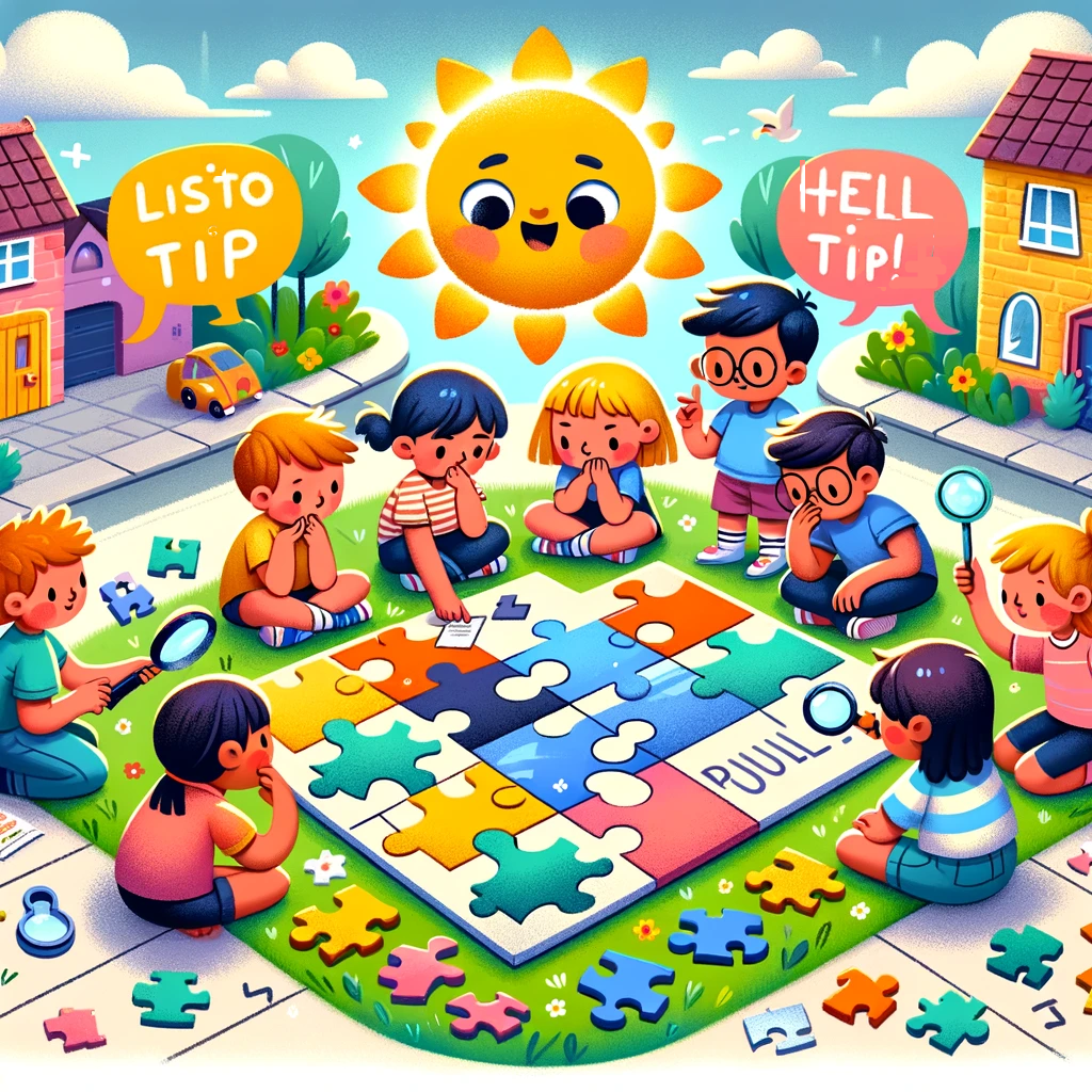 zum Thema des Puzzelns mit Hilfe und Ratschlägen: Das Bild sollte eine Gruppe von Kindern darstellen, die sich um ein großes auf dem Boden ausgelegtes Puzzle versammeln, im Zentrum der Szene. Die Sonne über ihnen lächelt und gibt Ratschläge, dargestellt durch bunte Sprechblasen, die hilfreiche Symbole wie zusammenpassende Puzzleteile, eine Lupe und einen Schlüssel enthalten. Die Kinder sind dabei gezeigt, wie sie verschiedene Puzzleteile ausprobieren, einige passen perfekt und andere nicht, was auf Versuch und Irrtum hindeutet. Ein Kind schaut nachdenklich auf einen Tipp, der auf einem Papier geschrieben steht.