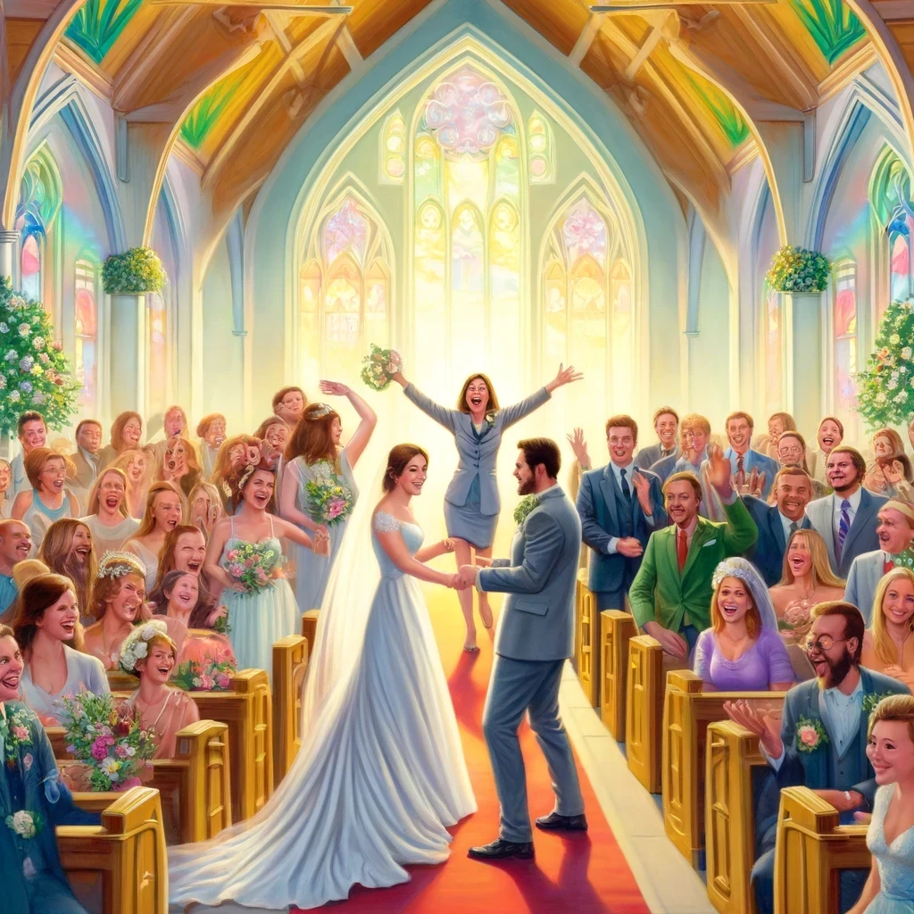 Hochzeitspaar bei der Trauung als Witz-Illustration