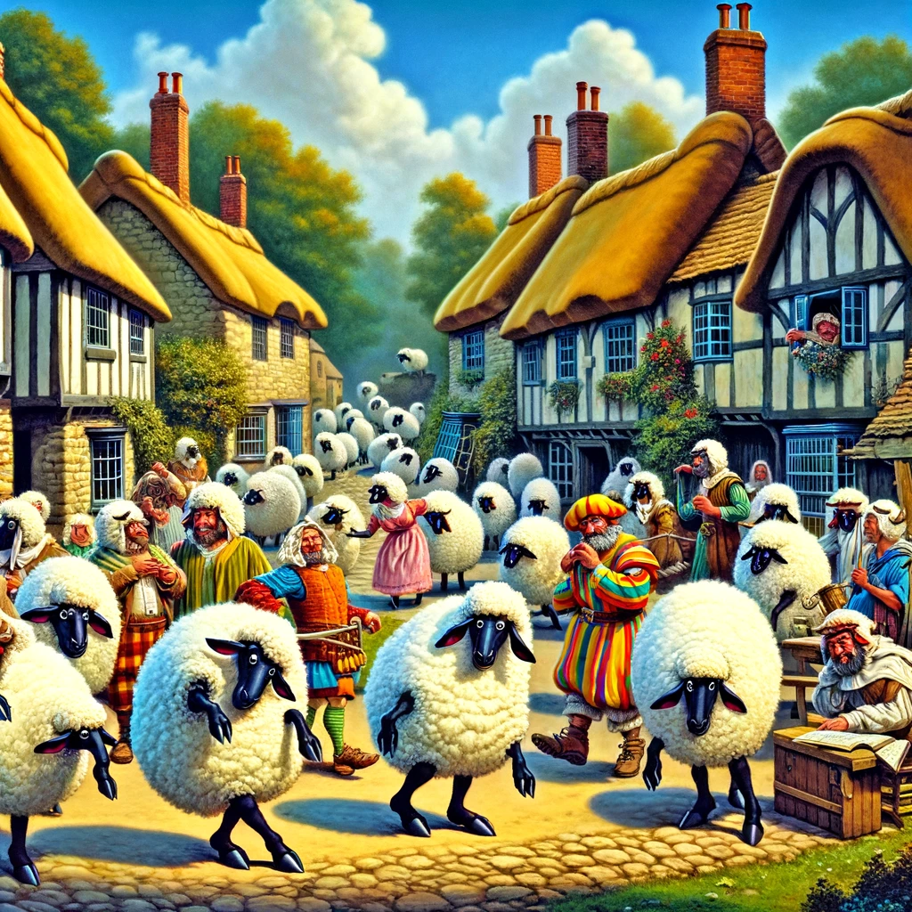 Dorfbewohner als Schafe Verkleidet illustrieren den Witz.