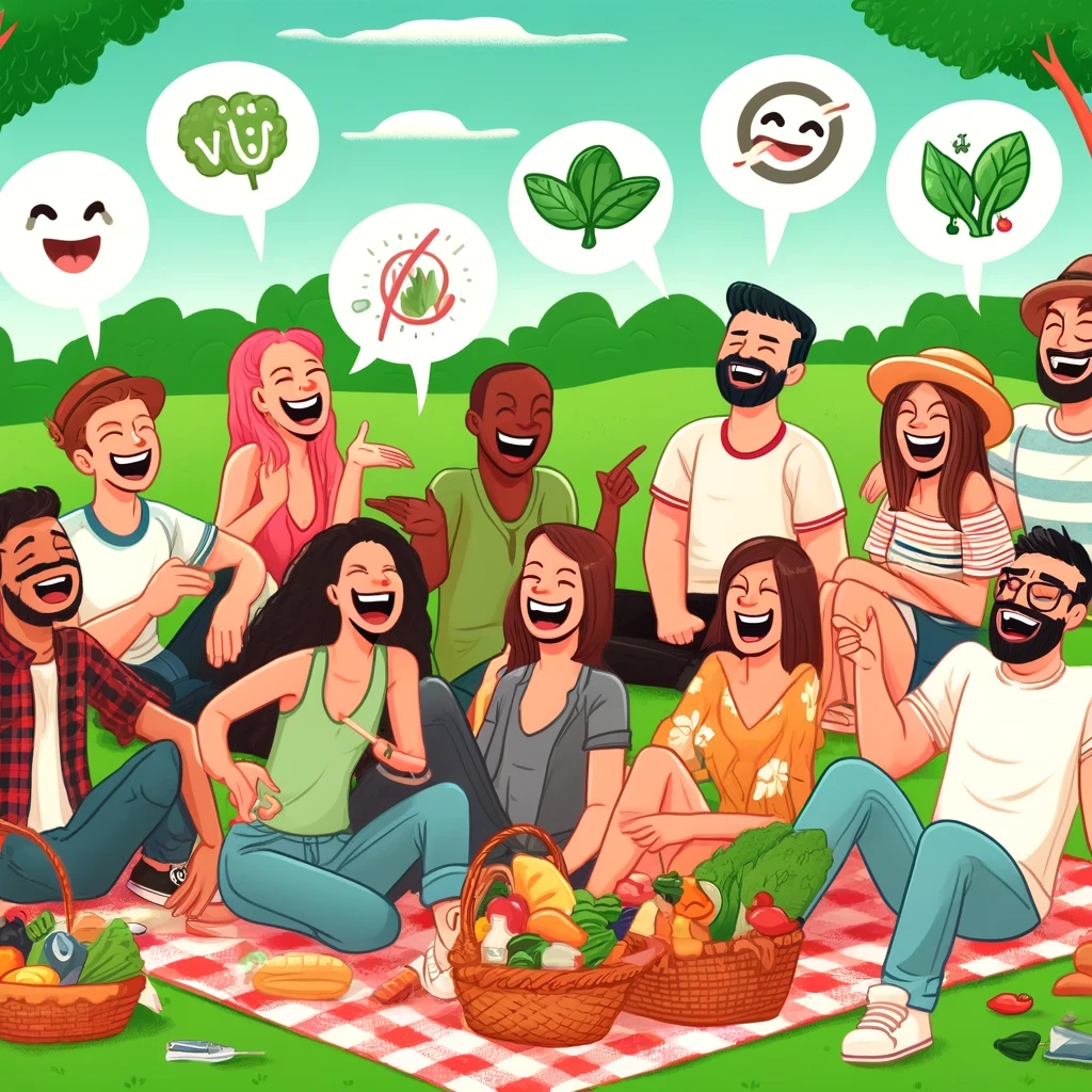 Vegan lebende Mensche lachen beim Picknick