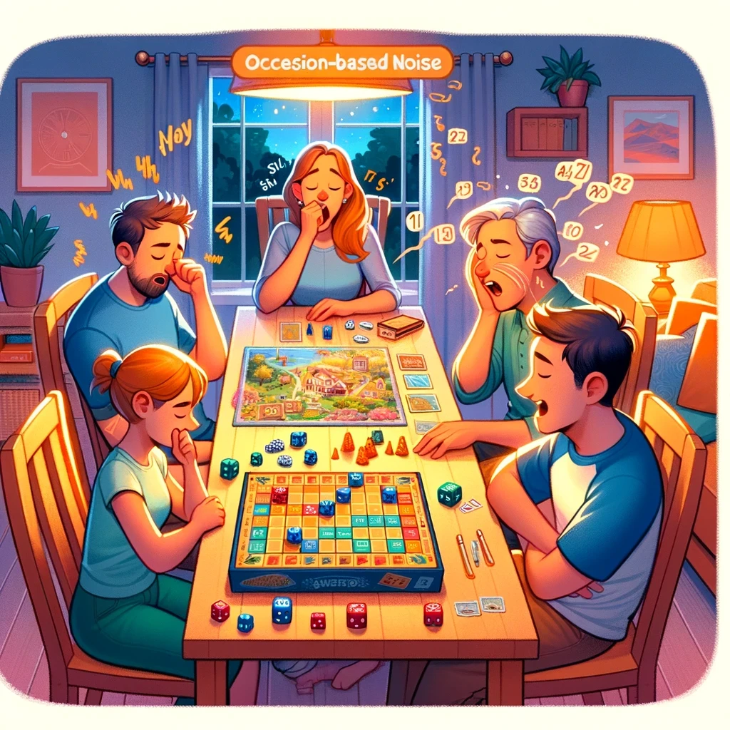 Das Bild zeigt eine Familie, die an einem gemütlichen Abend zu Hause ein Brettspiel spielt. Die Umgebung ist warm beleuchtet und schafft eine einladende Atmosphäre. Das Brettspiel mit Würfeln, Spielsteinen und Karten ist auf dem Tisch ausgebreitet und fängt das Wesen der Familienzeit ein. Jedes Familienmitglied zeigt eine andere Reaktion auf das Spiel, beeinflusst durch äußere Bedingungen wie Müdigkeit und Sommerhitze, was das Konzept des "gelegenheitsbedingten Rauschens" veranschaulicht, das ihre Spielerfahrung beeinflusst.