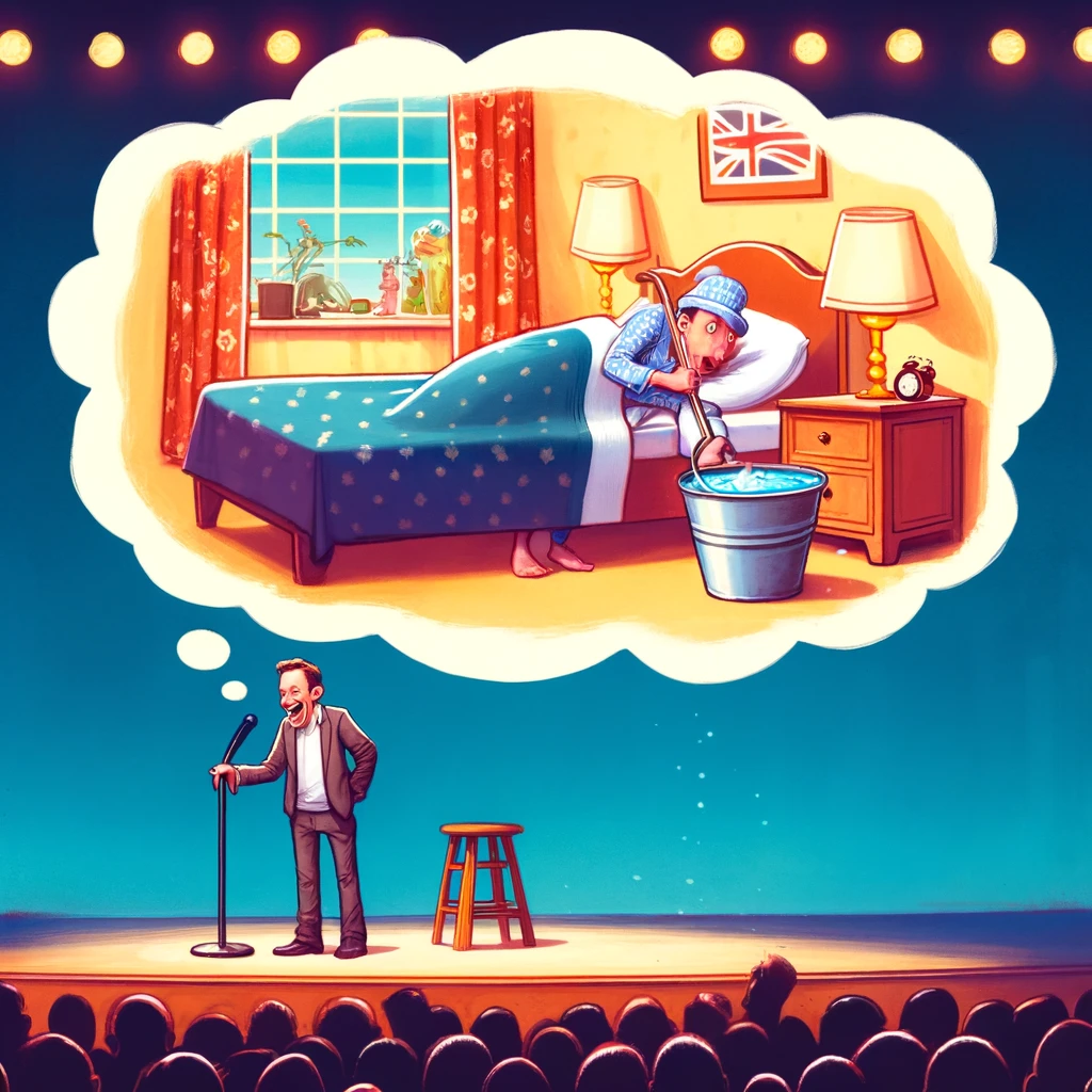 Ein Komiker steht auf der Bühne vor einem lachenden Publikum. Über seinem Kopf schwebt eine Denkblase, die zeigt, wie ein Brite mit einem großen Eimer Wasser ins Bett geht.